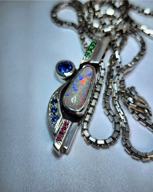 Australian Opal and Blue Sapphire Silver Pendant