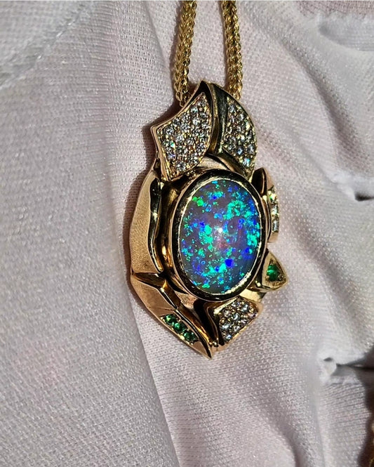 14k Gold Pendant - 6.4cts Lightning Ridge Gem Crystal Opal with Diamonds & Emeralds