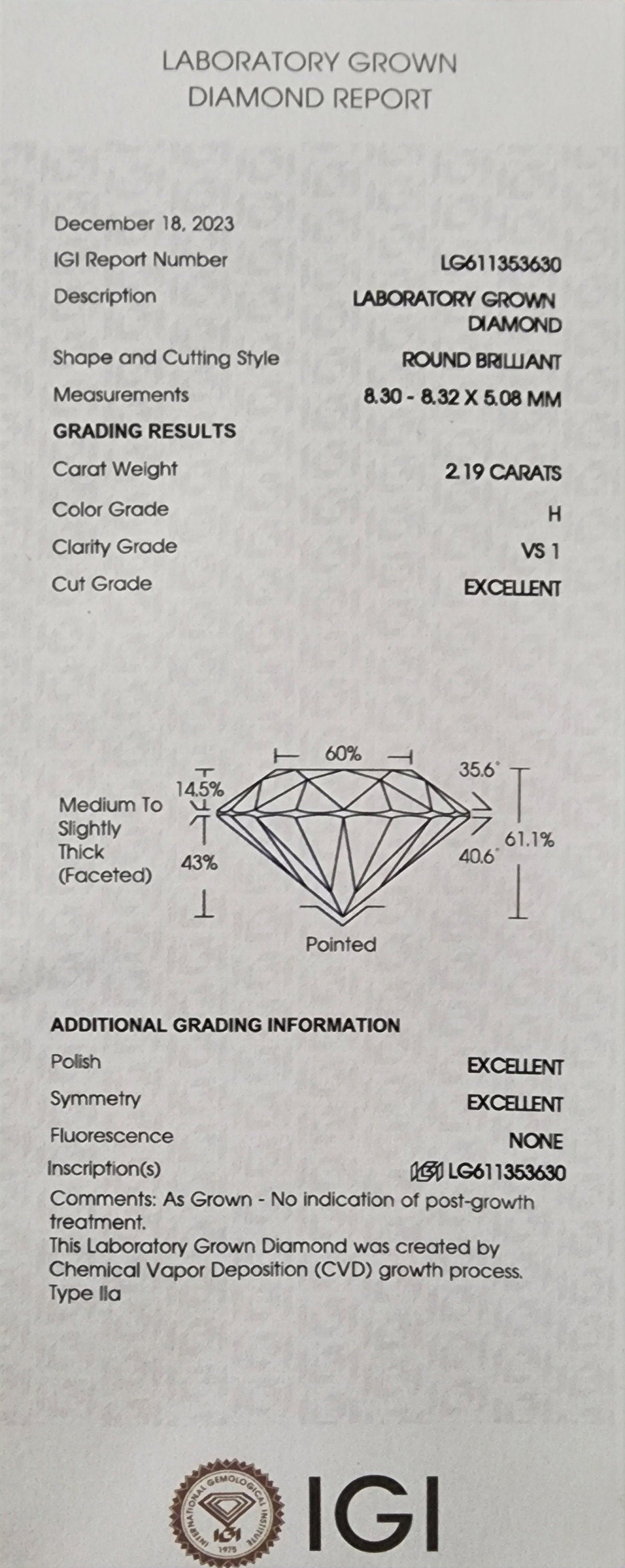 2.19ct Lab Grown Diamond IGI Certified VS1 Color H